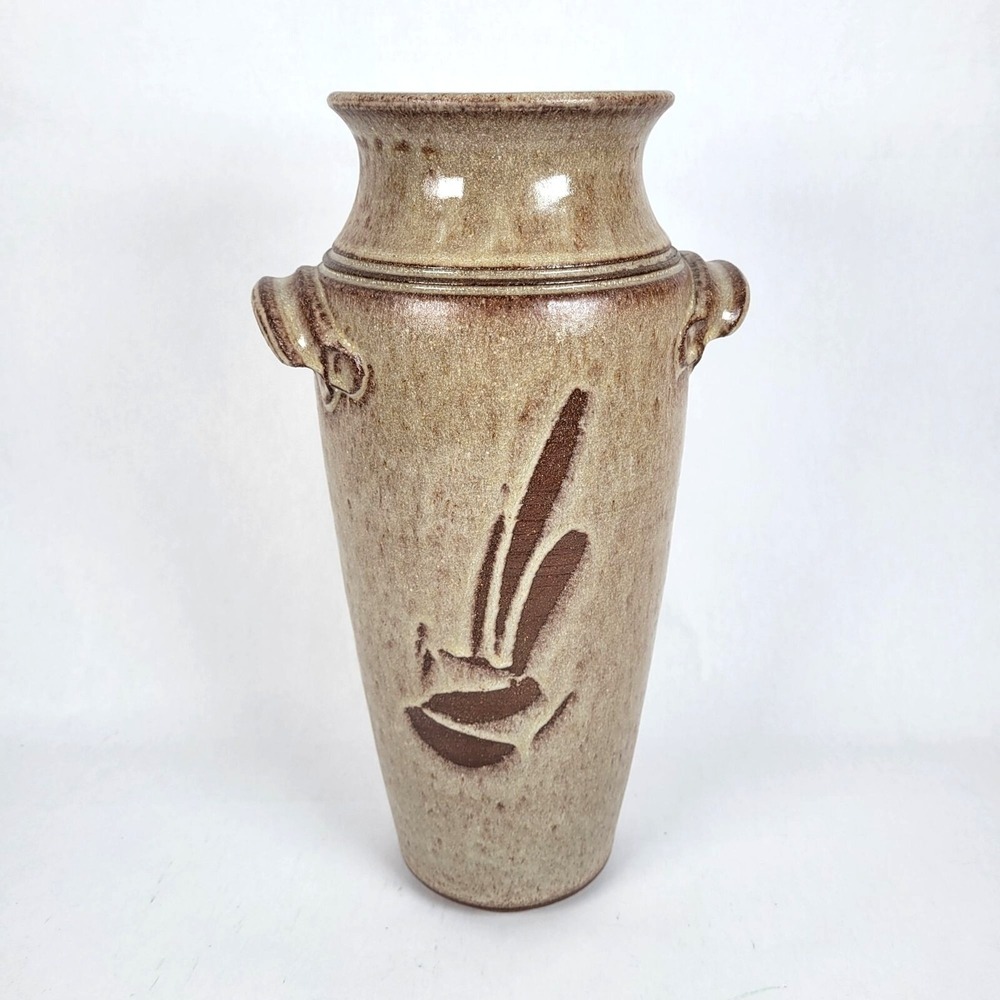 Vtg Studio Pottery Vase Handles Abstract Rustic Richard Dick Lien Signed 12"